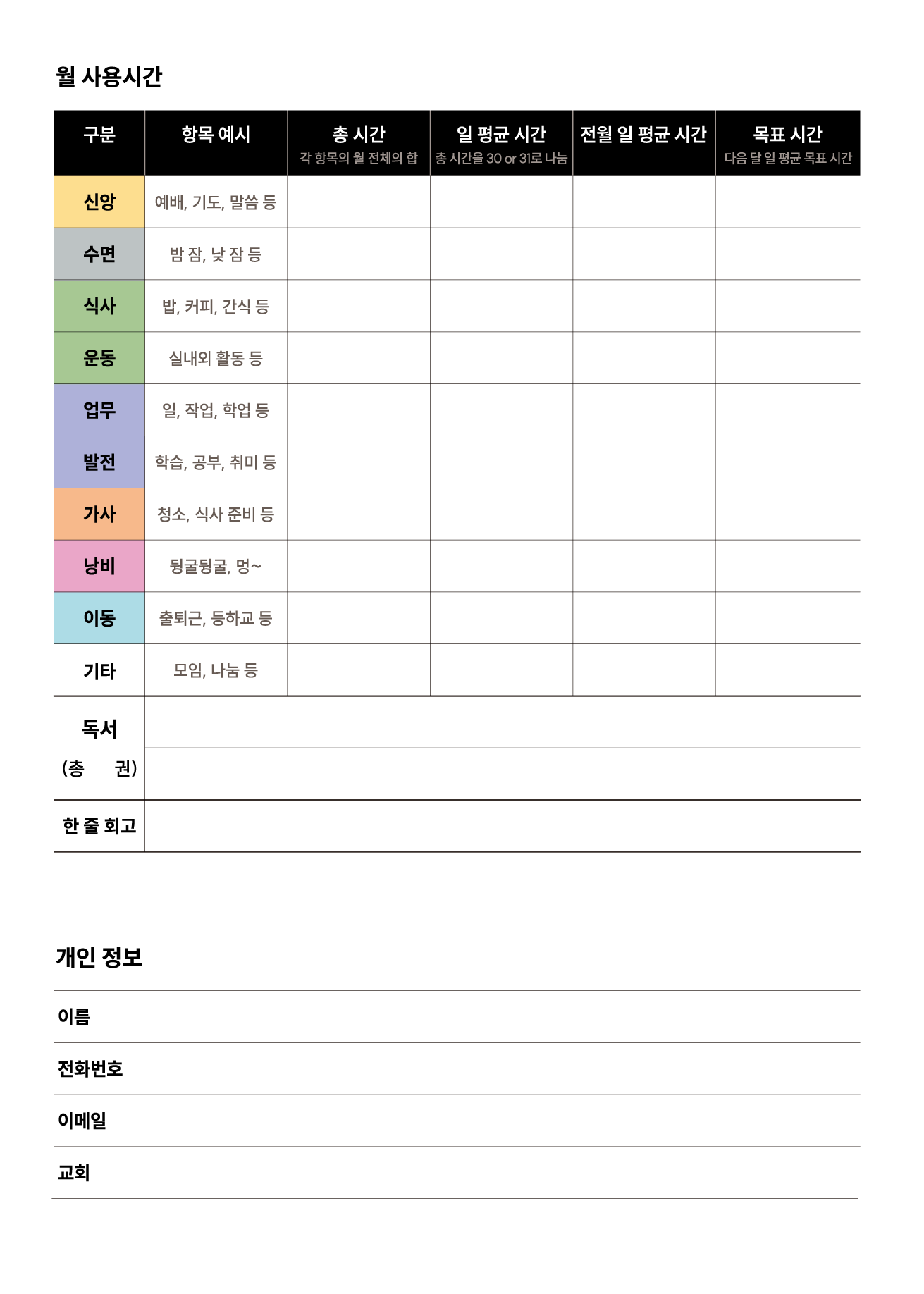 월 사용 시간 통계표 SYT 플래너 내지